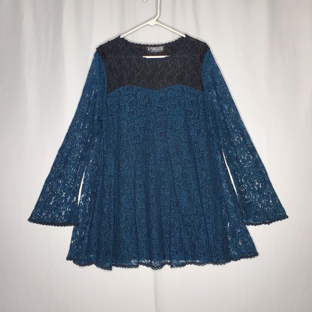 The Pyramid Collection Lace Tunic Top Large Teal Flare‎ Sleeve Witchy Romantic